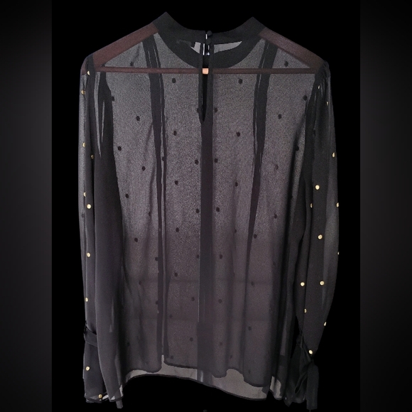 Ann Taylor Women's Sheer Black with Gold Foil Polka Dots Blouse Sz L - Picture 2 of 11